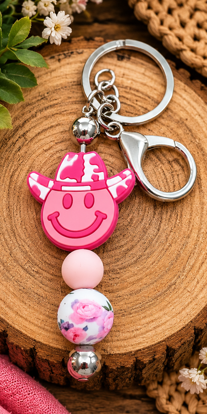 Pink Smiling Cowboy Beaded Keychain*