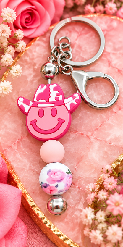 Pink Smiling Cowboy Beaded Keychain*