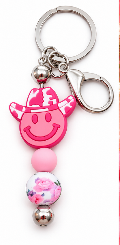 Pink Smiling Cowboy Beaded Keychain*