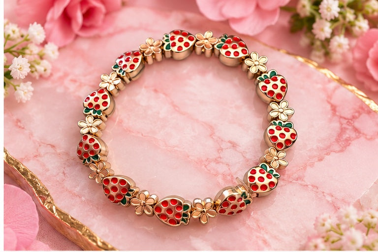 Red Strawberry & Gold Flower Beaded Stretch Bracelet — Enamel, Zinc Alloy, 7"