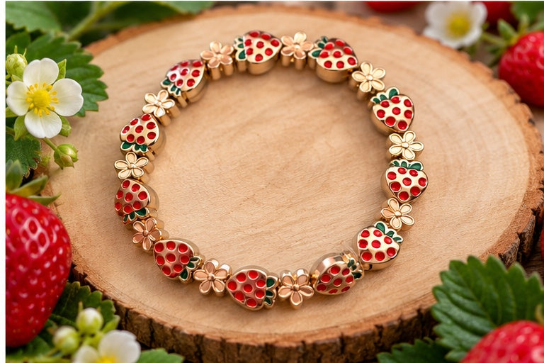 Red Strawberry & Gold Flower Beaded Stretch Bracelet — Enamel, Zinc Alloy, 7"