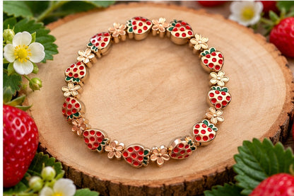 Red Strawberry & Gold Flower Beaded Stretch Bracelet — Enamel, Zinc Alloy, 7"