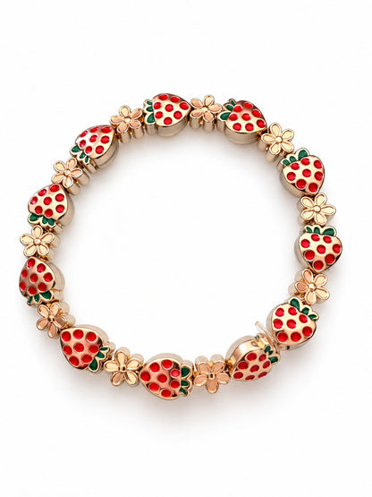 Red Strawberry & Gold Flower Beaded Stretch Bracelet — Enamel, Zinc Alloy, 7"