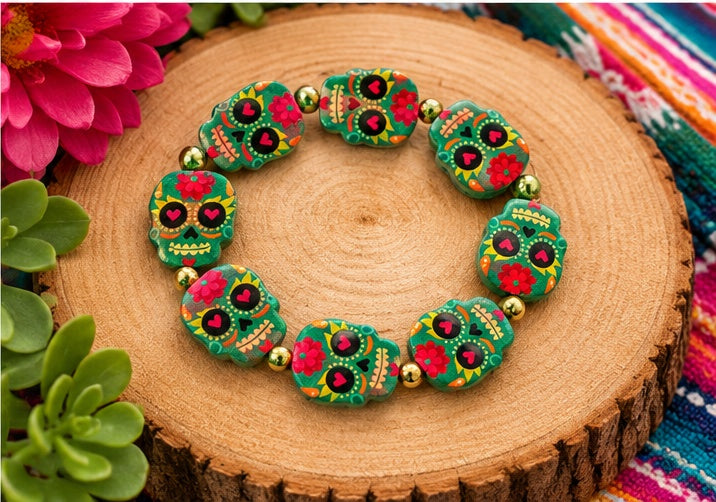Blue Enamel Sugar Skull Beaded Stretch Bracelet — Day of the Dead, Nickel Free, 6.5"