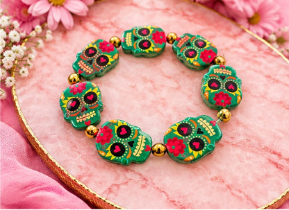 Blue Enamel Sugar Skull Beaded Stretch Bracelet — Day of the Dead, Nickel Free, 6.5"
