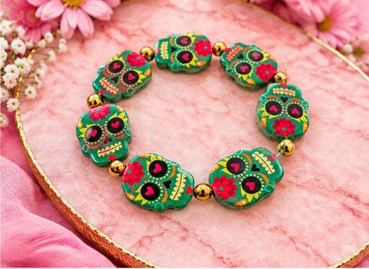 Blue Enamel Sugar Skull Beaded Stretch Bracelet — Day of the Dead, Nickel Free, 6.5"