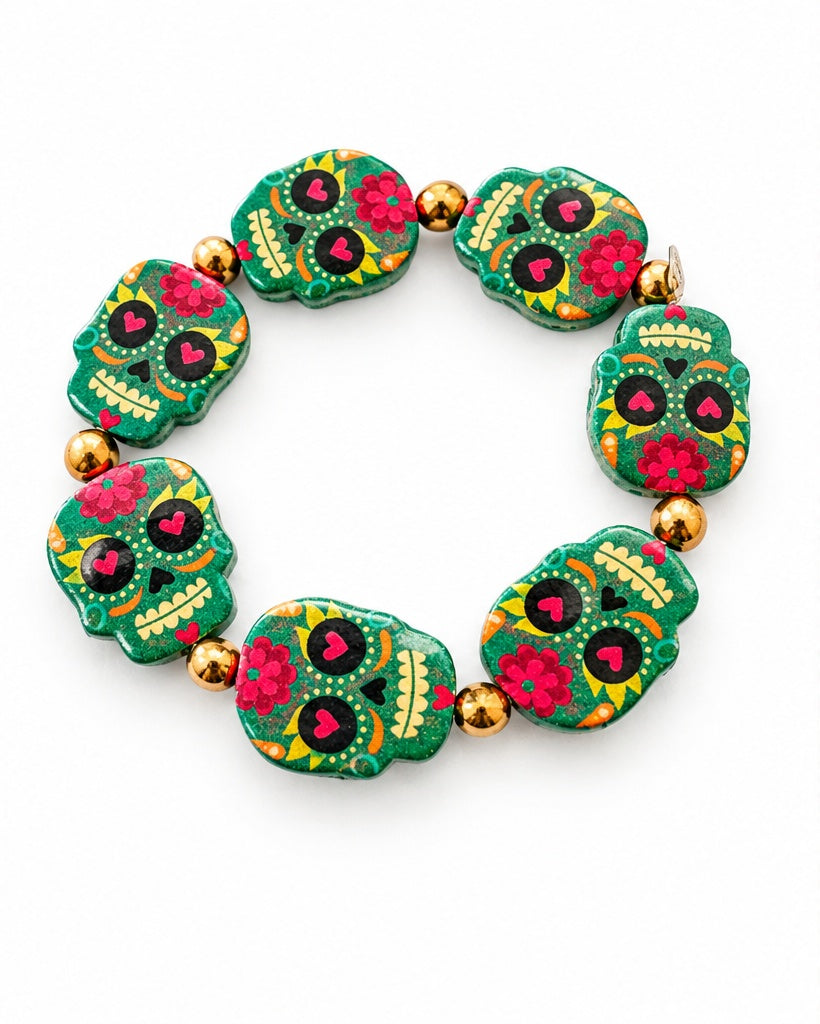 Blue Enamel Sugar Skull Beaded Stretch Bracelet — Day of the Dead, Nickel Free, 6.5"