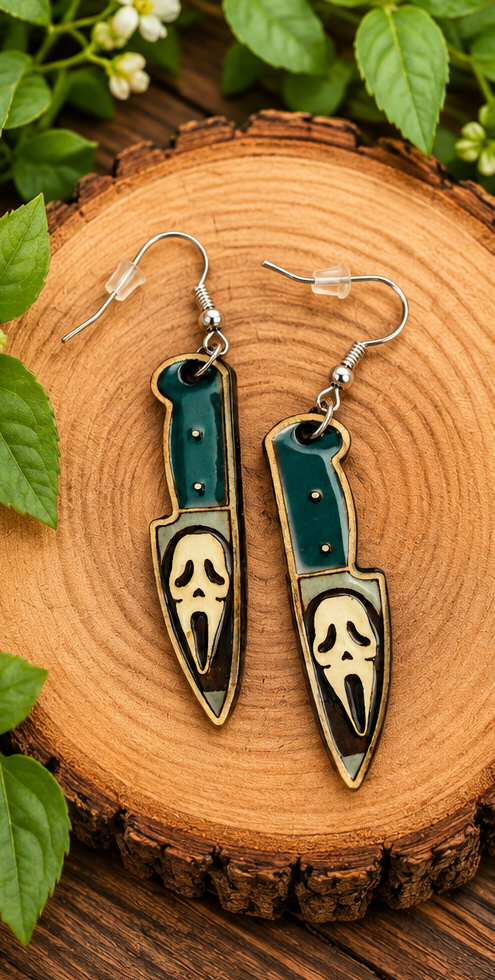 Ghost Face Knife Wooden Dangle Earrings – Hand-Painted Halloween Horror
