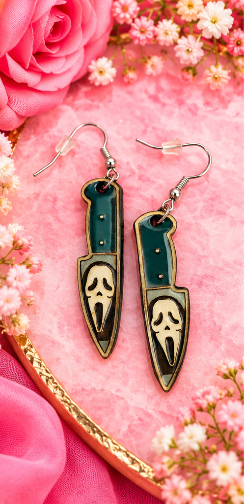 Ghost Face Knife Wooden Dangle Earrings – Hand-Painted Halloween Horror