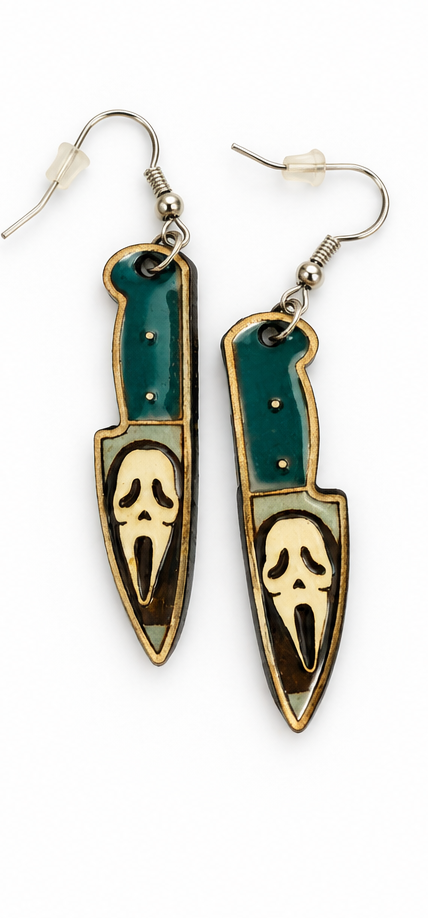 Ghost Face Knife Wooden Dangle Earrings – Hand-Painted Halloween Horror
