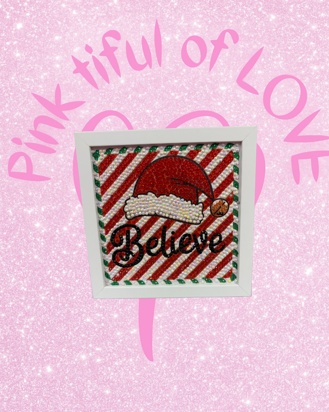 Christmas Diamond Art Wall Décor – “Believe” Candy Cane Sparkle Sign (Frameless Glass)