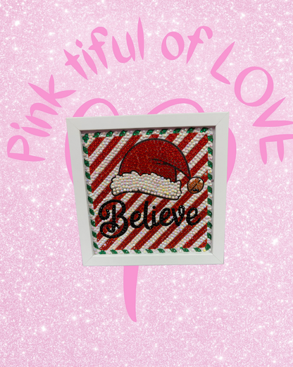 Christmas Diamond Art Wall Décor – “Believe” Candy Cane Sparkle Sign (Frameless Glass)