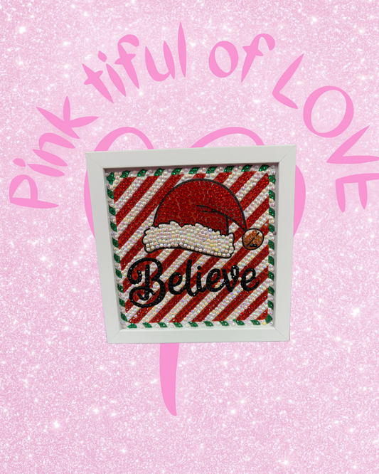 Christmas Diamond Art Wall Décor – “Believe” Candy Cane Sparkle Sign (Frameless Glass)