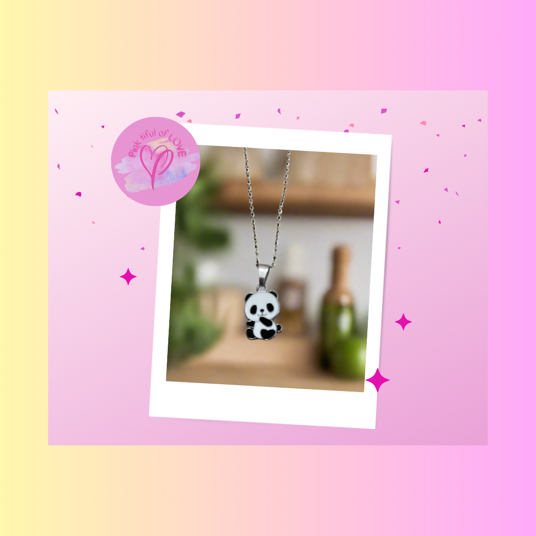 So Cute Panda with a bamboo Pendant on a Silver Chain NecklacePink tiful of LOVE