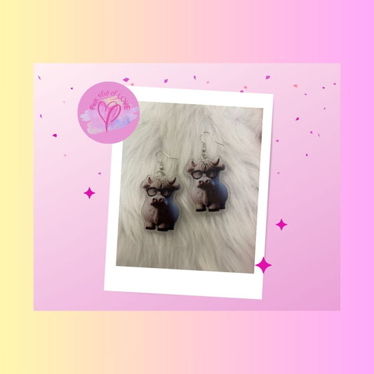Grayish Highland Cow Wire Earrings; Acrylic; adorable &amp; whimsicalPink tiful of LOVE