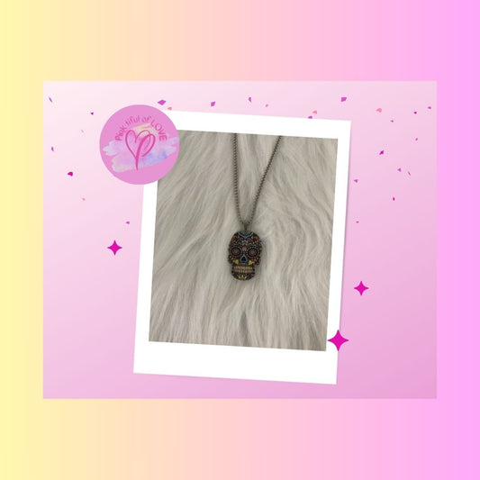 Colorful Sugar Skull Pendant on a Silver Chain NecklacePink tiful of LOVE
