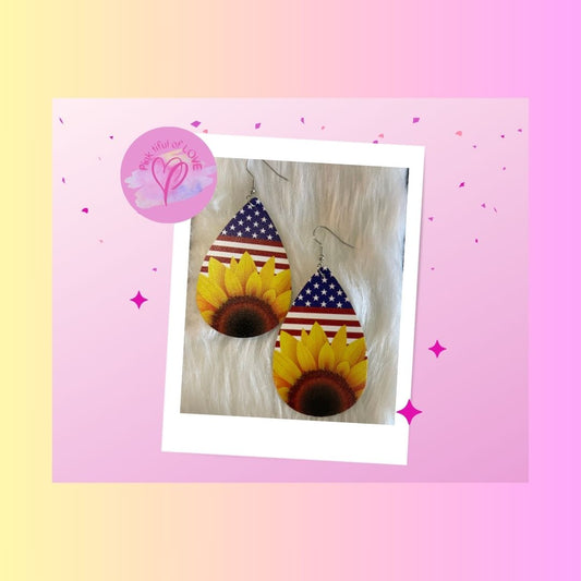 INDEPENDENCE DAY/SUNFLOWER Faux Leather Teardrop Wire EarringsPink tiful of LOVE