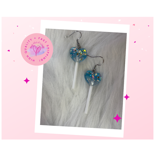 Blue Glittery Heart Lollipop Earrings