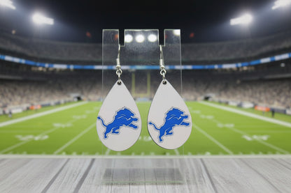 Lions Football on White Teardrop Dangle Earrings | Handmade Fan Jewelry