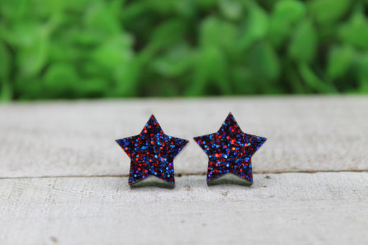 Red and Blue Glitter Star Stud Earrings