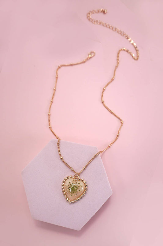 PRESSED FLOWER GOLD HEART NECKLACE