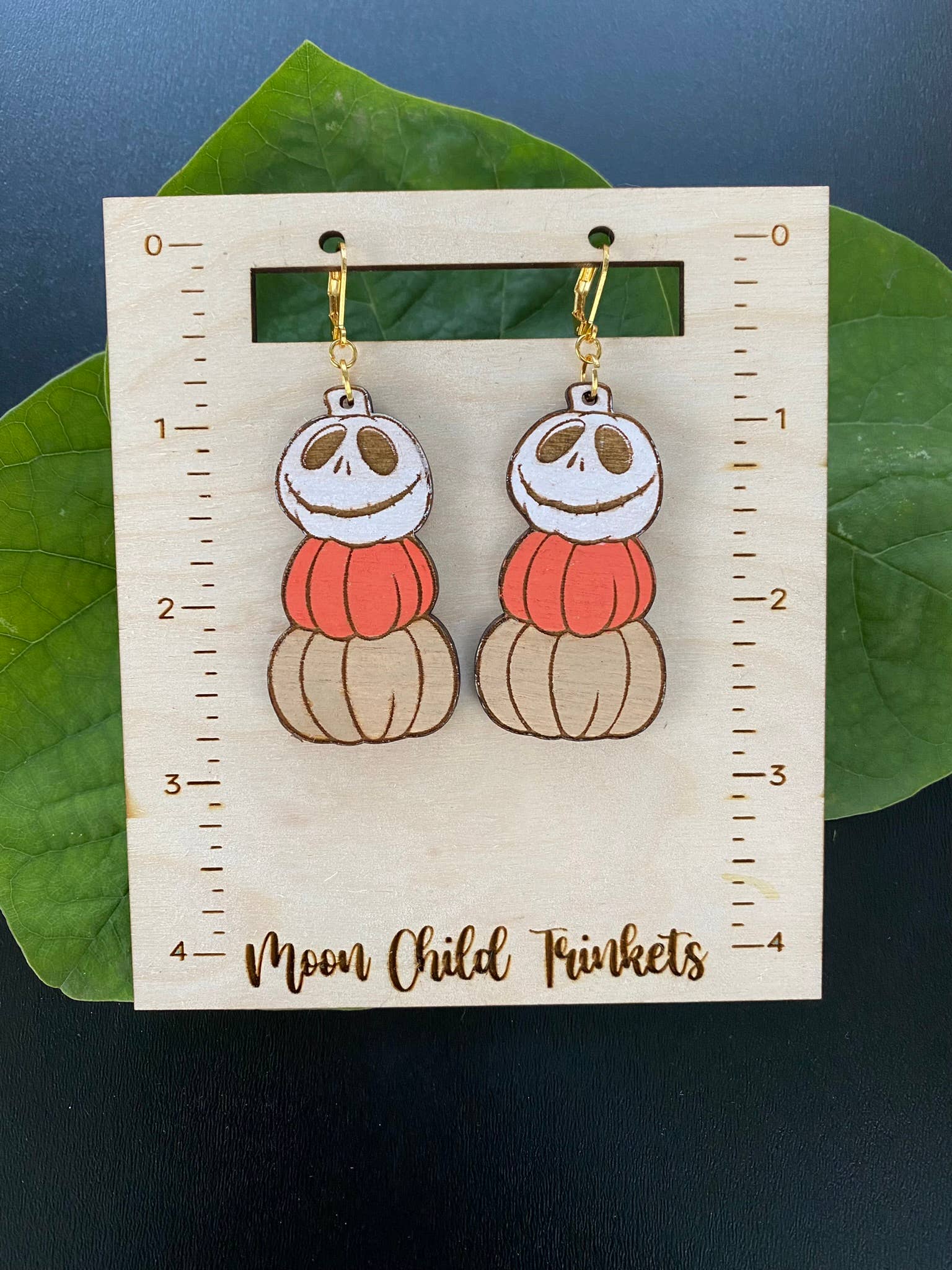 Moon Child Trinkets - Jack Skellington Stacked Pumpkin Wood Dangle EarringsMoon Child Trinkets