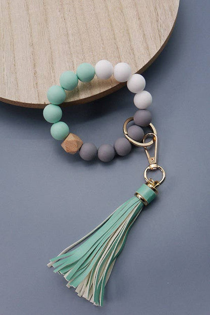 Mint & Grey Beaded Wristlet Keychain with Tassel
