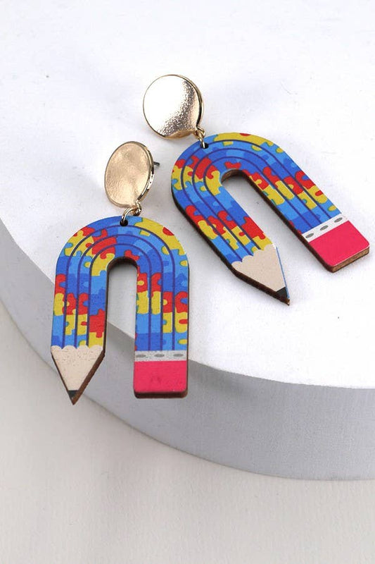 U SHAPE PENCIL WOOD DROP EARRING