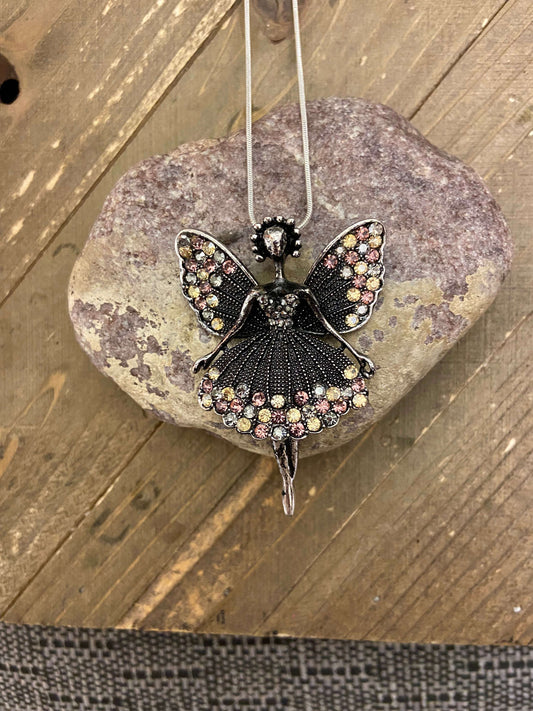 Angel Fairy in Antique Silver and Rhinestones Pendant on a Silver chain NecklacePink tiful of LOVE