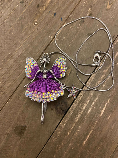 Angel Fairy in purple and Rhinestones Pendant on a Silver chain NecklacePink tiful of LOVE