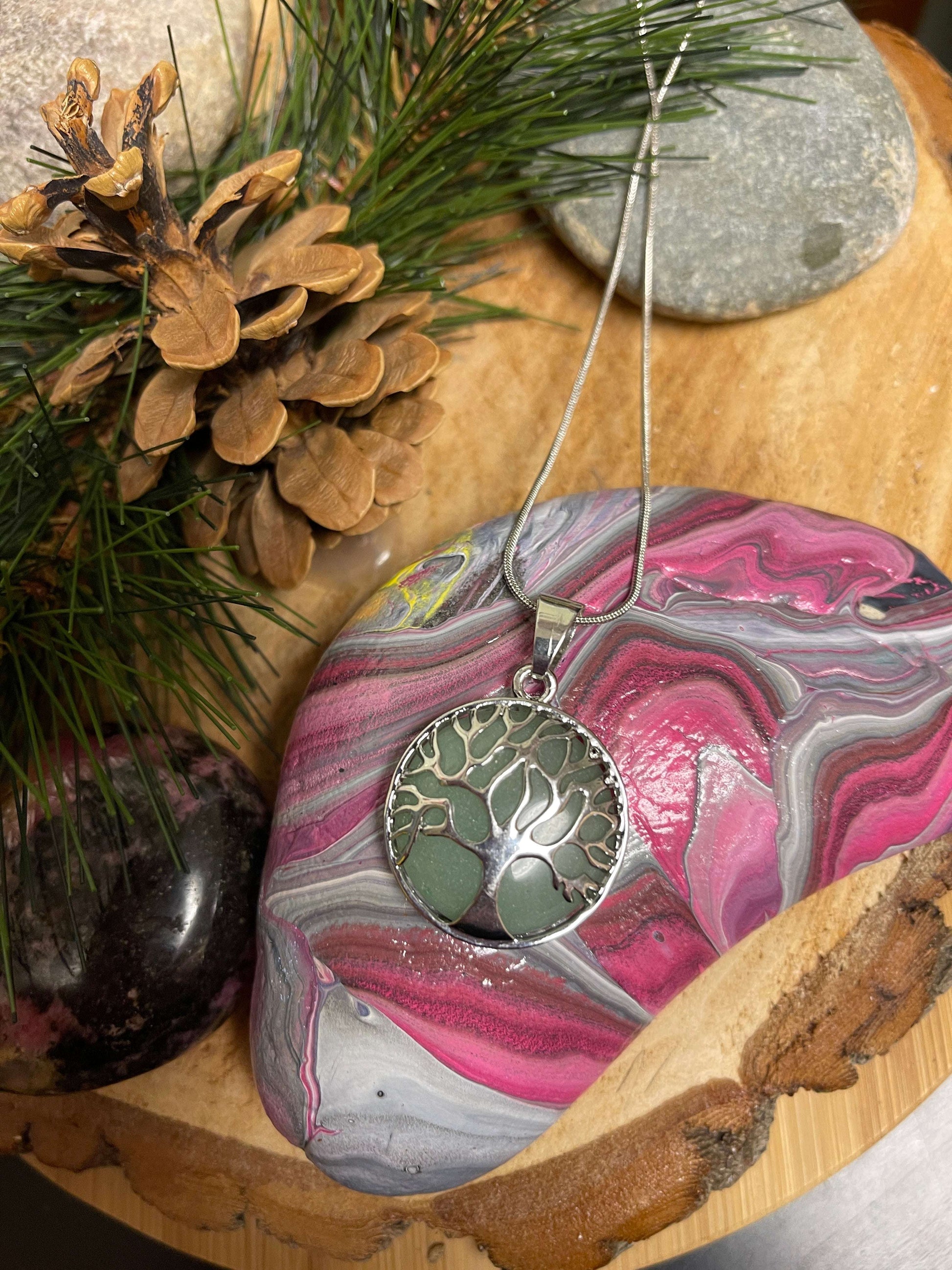 Aventurine Tree Pendant on a  Silver chain NecklacePink tiful of LOVE