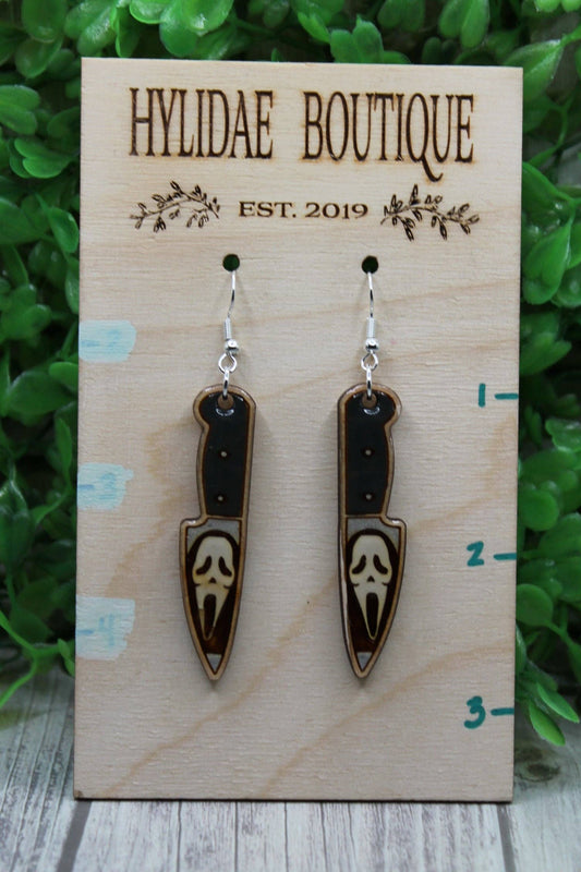 Ghost Face Knife Wood Dangle Earrings