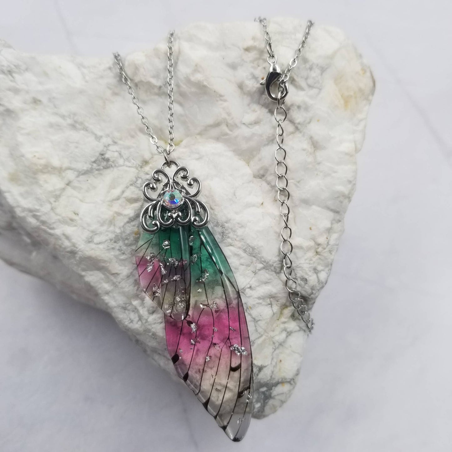 Butterfly Wing-Pink  & Green Necklace: handmade Crystal Butterfly Wing