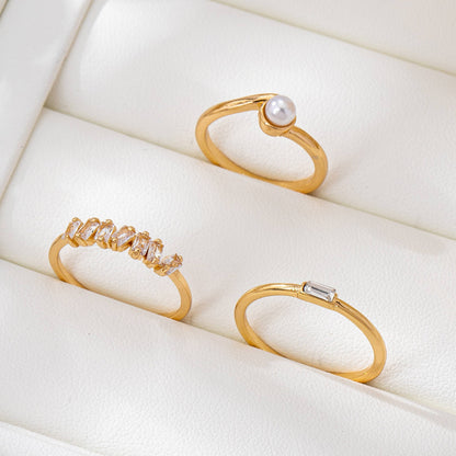JOSSLYN by wall to wall - Pearl & Crystal Delicate Gold Ring Trio | 80R159: Gold