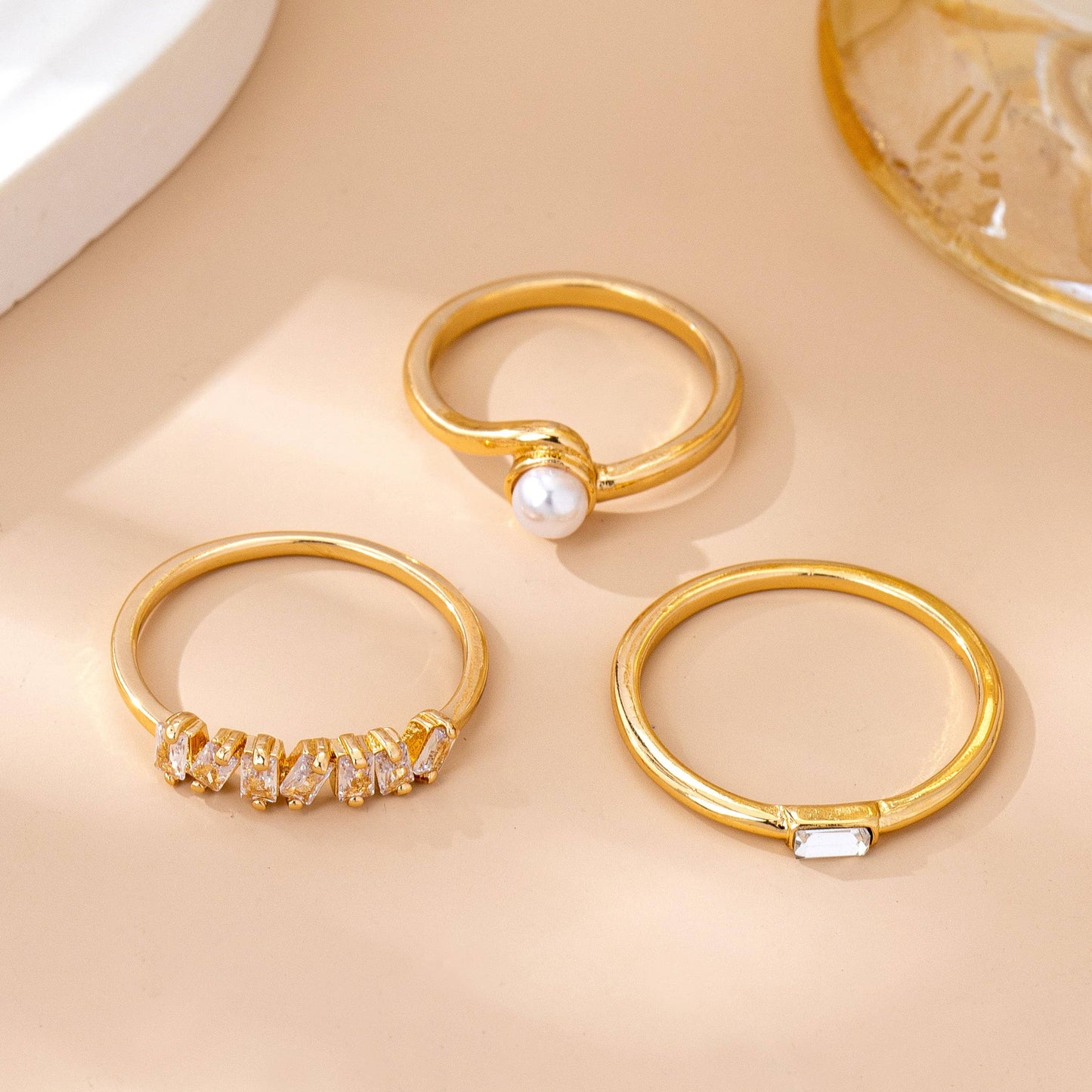 JOSSLYN by wall to wall - Pearl & Crystal Delicate Gold Ring Trio | 80R159: Gold