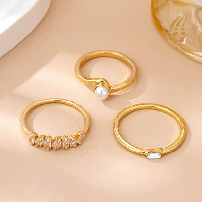 JOSSLYN by wall to wall - Pearl & Crystal Delicate Gold Ring Trio | 80R159: Gold