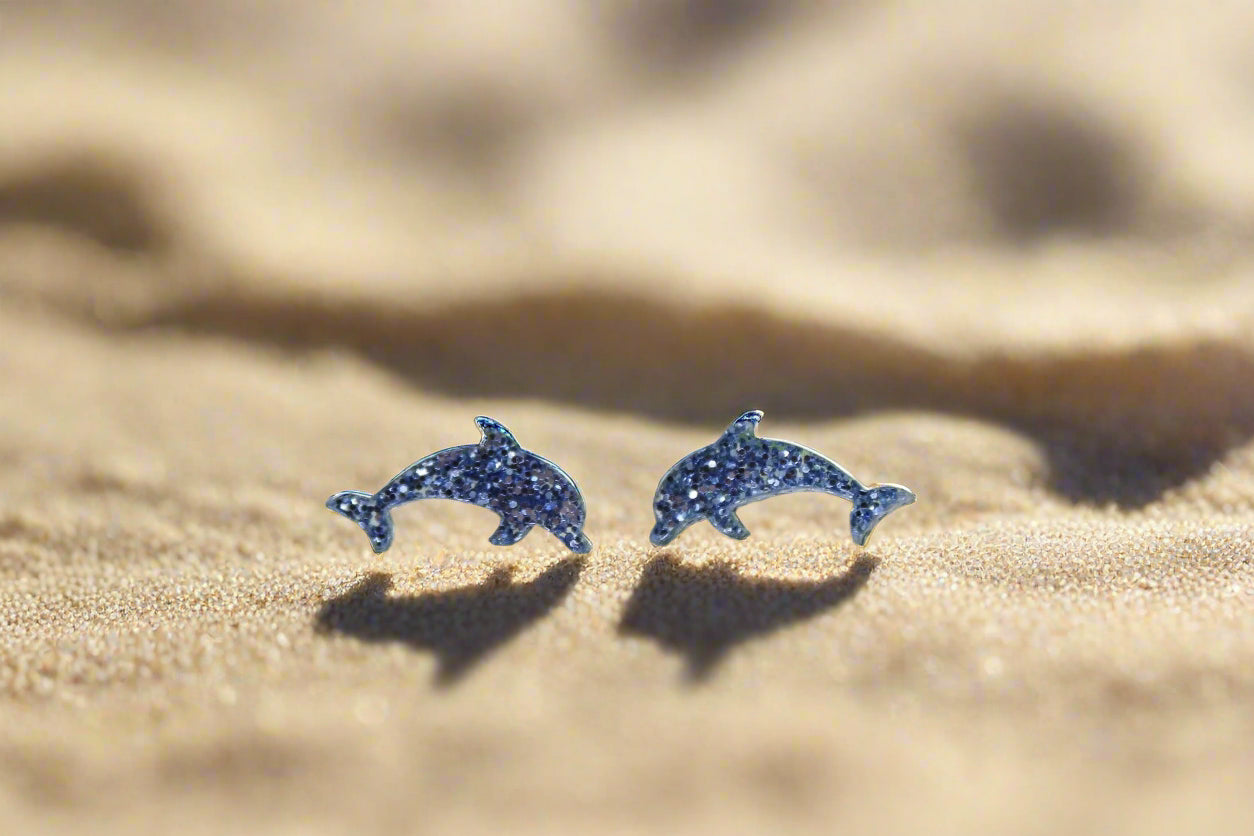 Blue Glitter Dolphins Stud Earrings