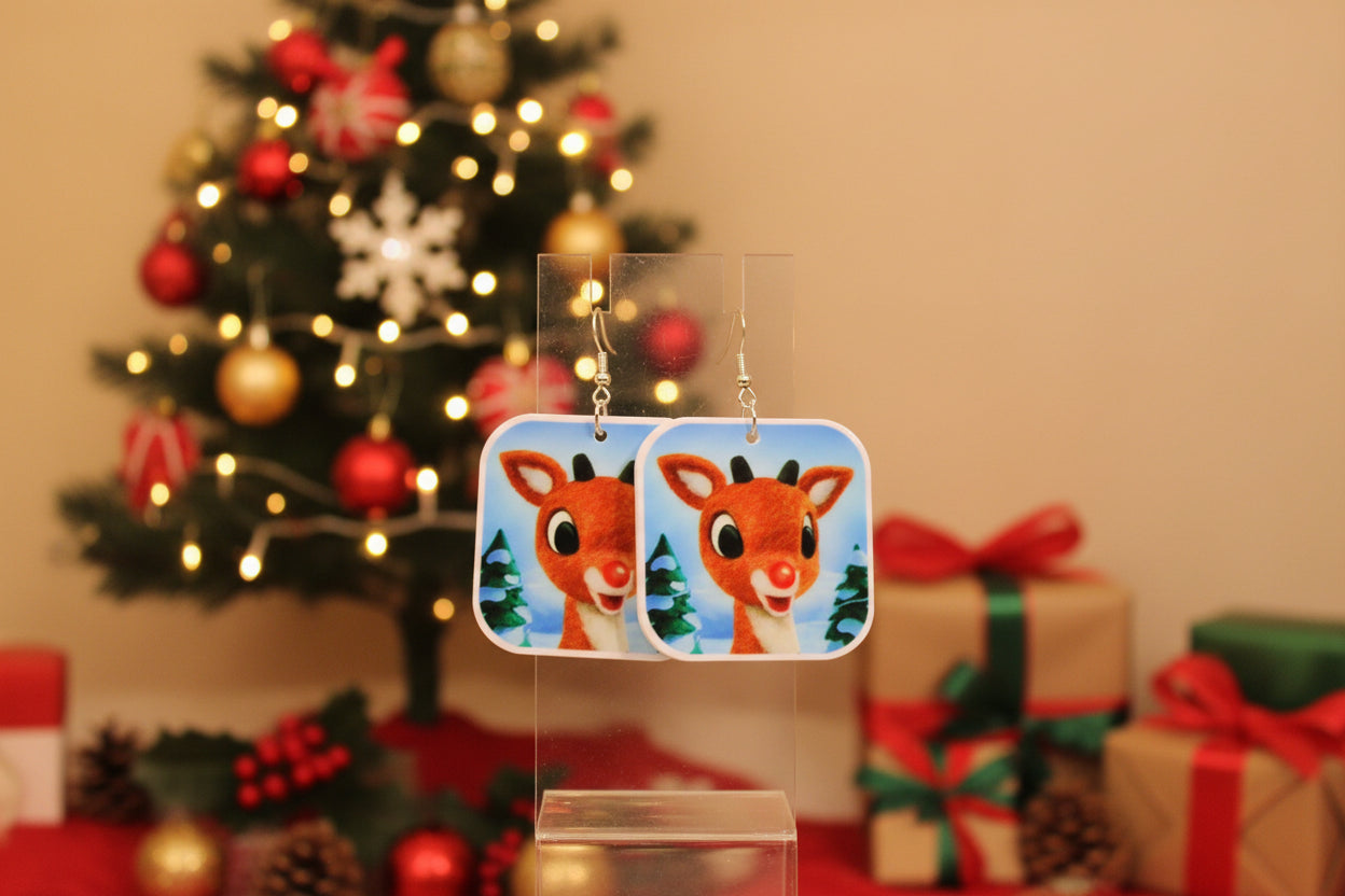 Rudolph the Red-Nosed Reindeer Dangle Earrings – Festive Acrylic Holiday Jewelry