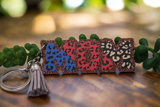 MOM Leopard Print Glitter Keychain with Tassel