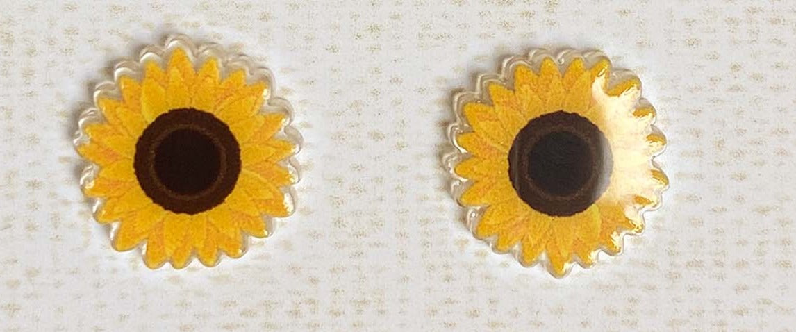 Sunflower Earrings; so dainty and beautiful; vibrant ink on clear acrylicPink tiful of LOVE