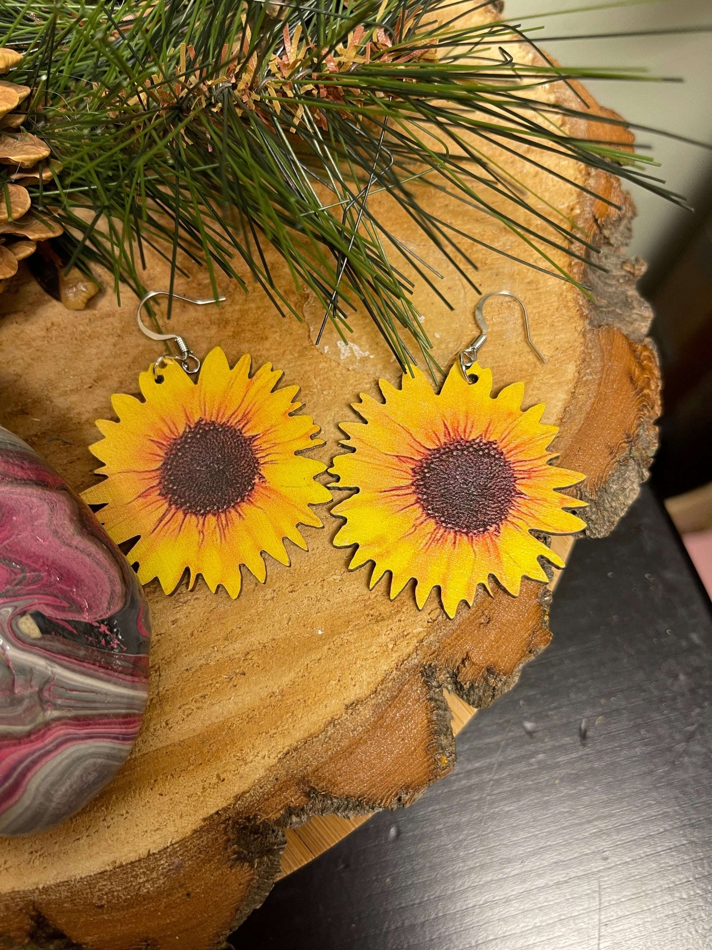 BIG BOLD Wooden Sunflower Wire Earrings--A ray of SunshinePink tiful of LOVE