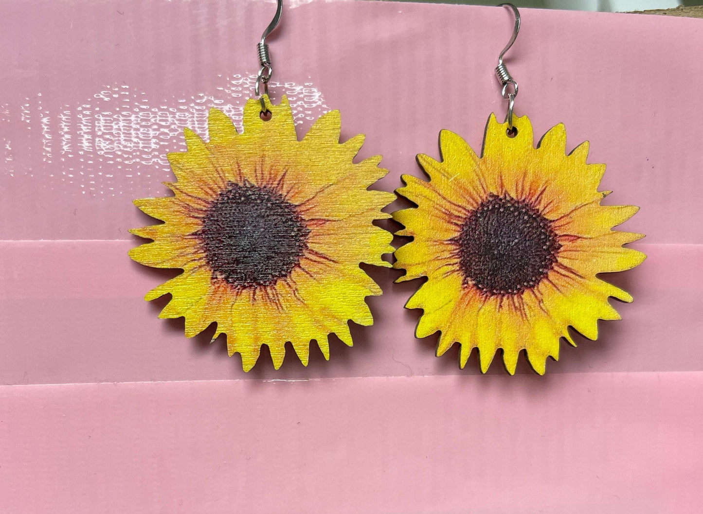 BIG BOLD Wooden Sunflower Wire Earrings--A ray of SunshinePink tiful of LOVE