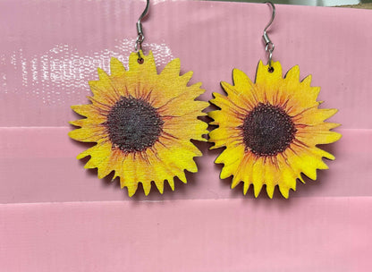 BIG BOLD Wooden Sunflower Wire Earrings--A ray of SunshinePink tiful of LOVE