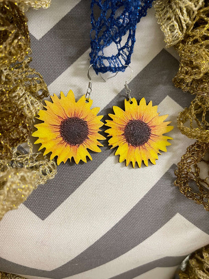 BIG BOLD Wooden Sunflower Wire Earrings--A ray of SunshinePink tiful of LOVE