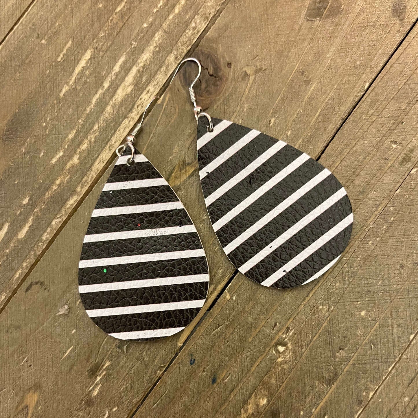 Black and White Striped earrings: faux leather teardropPink tiful of LOVE