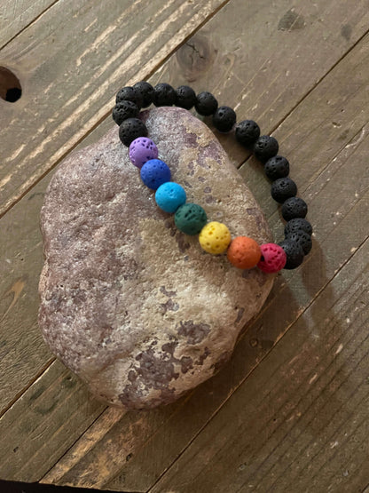 Black Lava Stone (8mm) with Chakra colors Lava beaded Elastic/Stretch BraceletPink tiful of LOVE