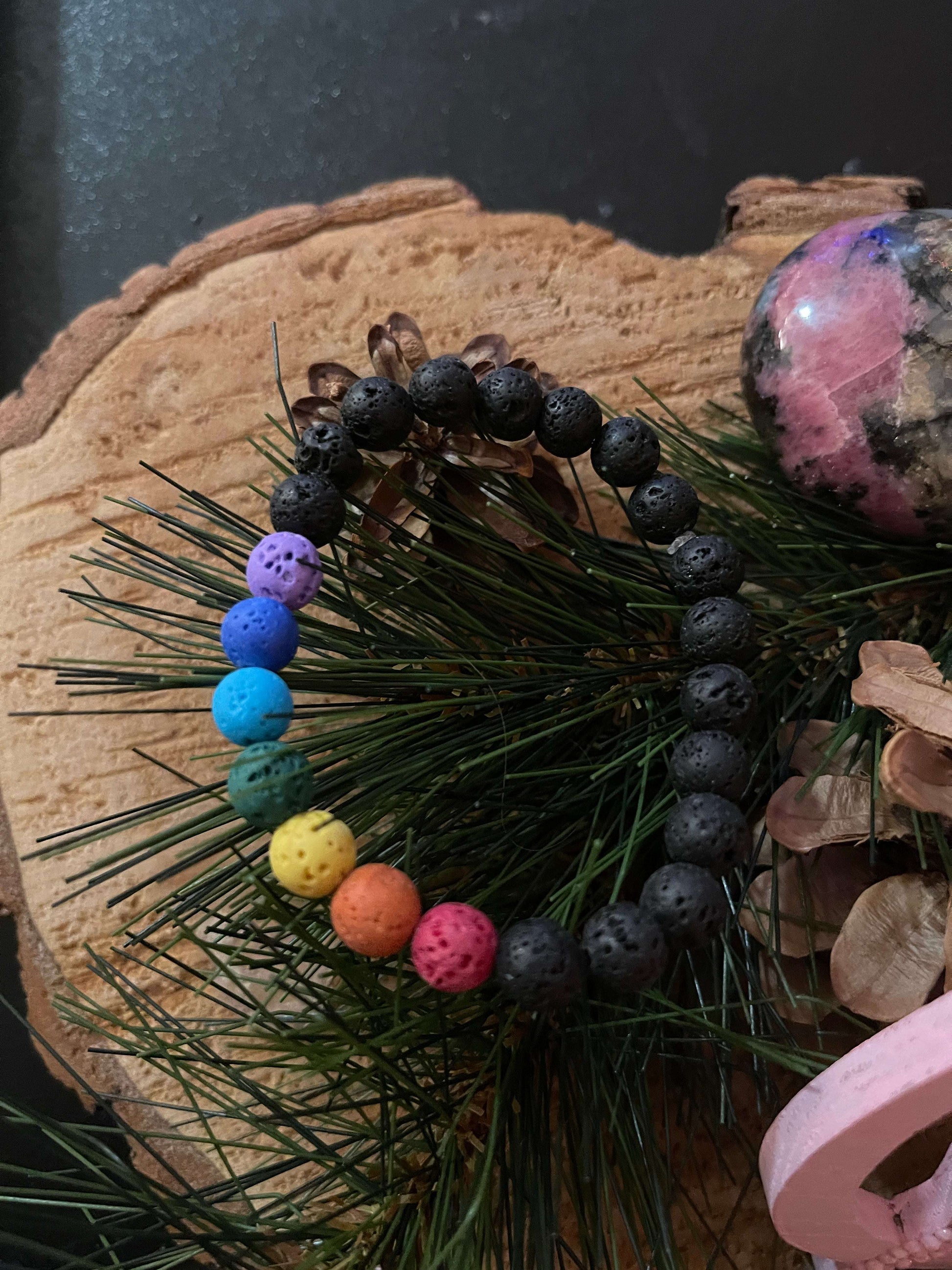 Black Lava Stone (8mm) with Chakra colors Lava beaded Elastic/Stretch BraceletPink tiful of LOVE