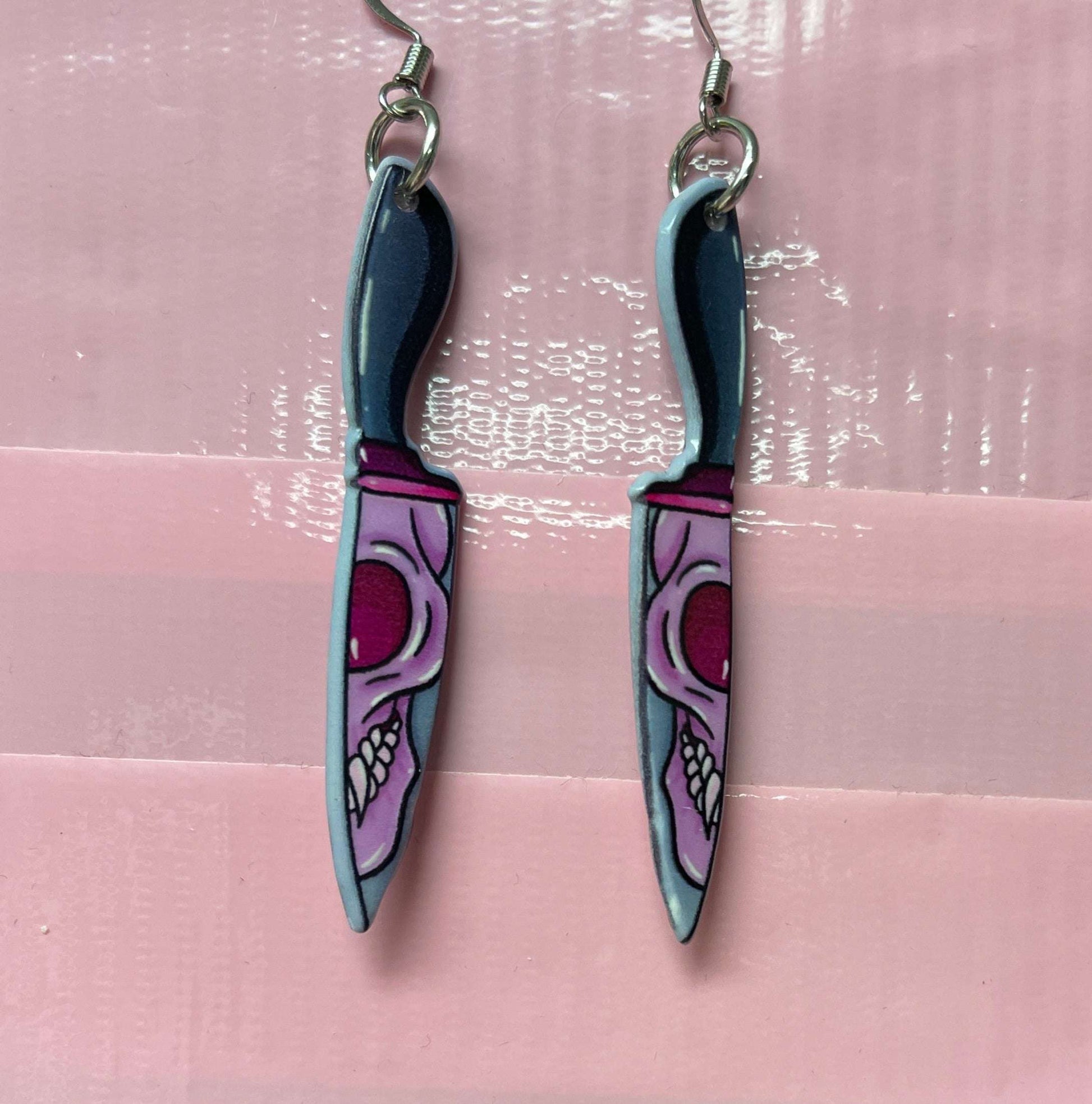 Black &amp;amp; Pink Knife with Skull Face Charm Wire EarringPink tiful of LOVE