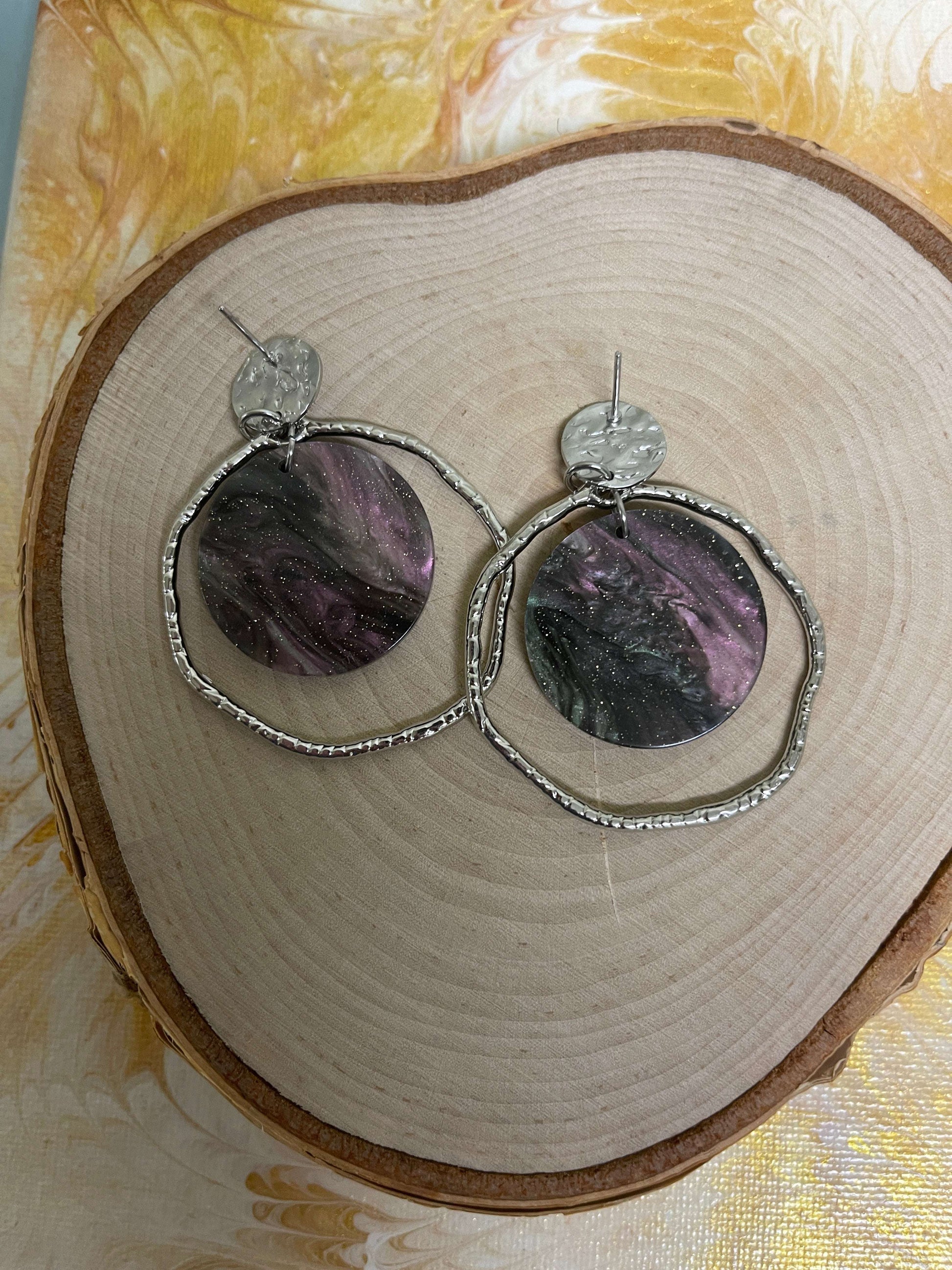 Black shimmer Acrylic charms and Silver circles Stud EarringsPink tiful of LOVE