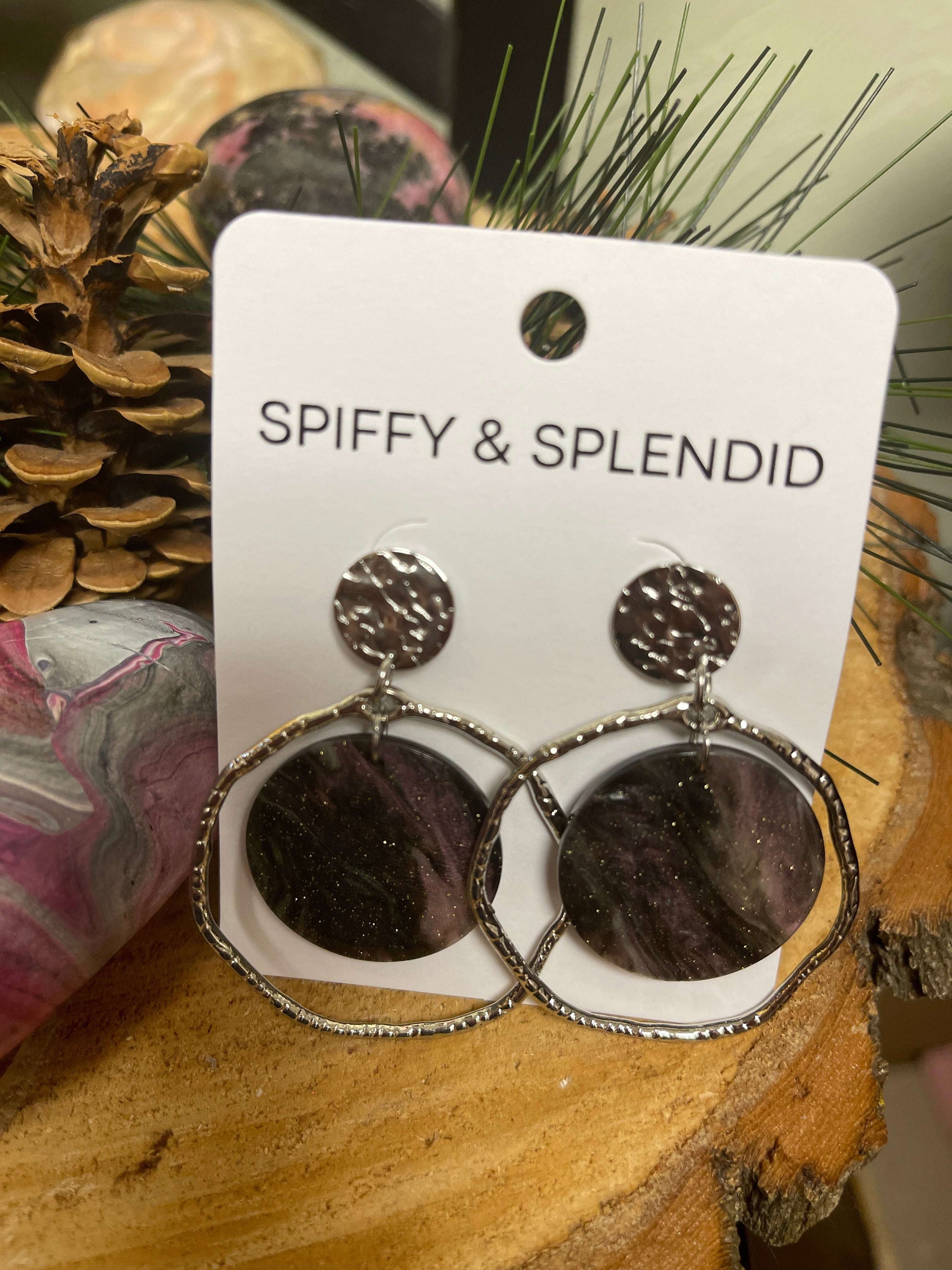 Black shimmer Acrylic charms and Silver circles Stud EarringsPink tiful of LOVE